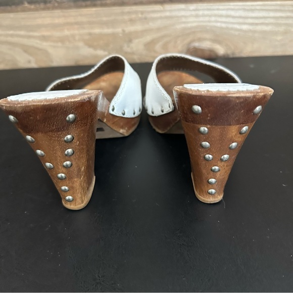 Bongo Stud Muffin Vintage Y2K White Leather and Wooden Open Toe Mules Size 9 - Picture 3 of 11